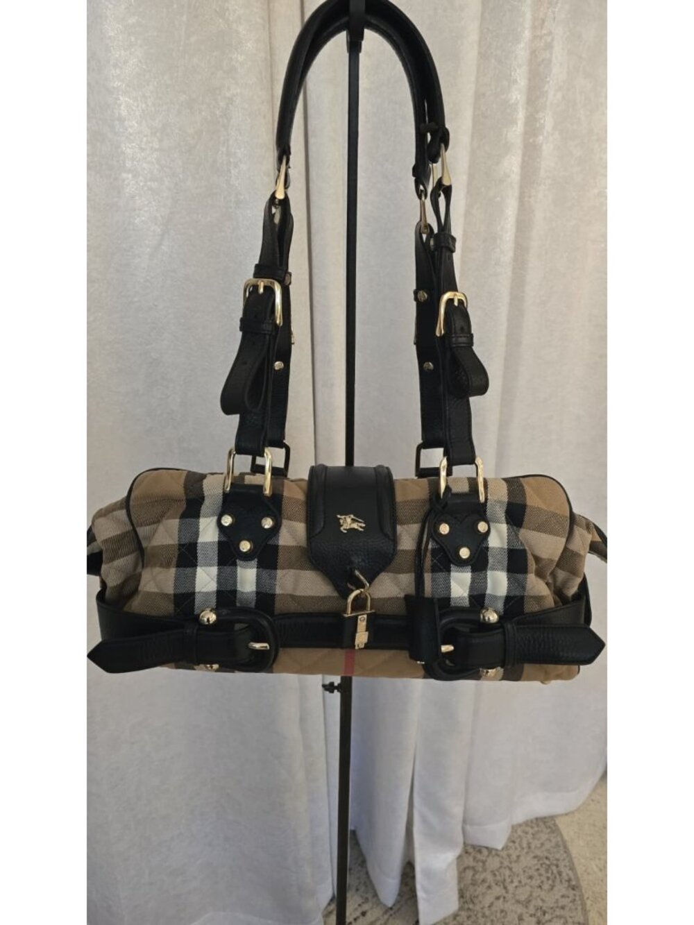 BURBERRY Vintage Nova Studs Quilted Canvas Black Leather Handbag Padlock RARE